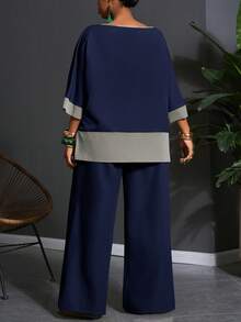 Slaydiva Plus Size Women's Navy Blue Contrast Color 3/4 Sleeve Top And Wide Leg Pants Set,Casual Workwear For Autumn,Nomadic Style Birthday Party & Holiday - Navy Blue - View 2