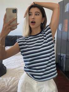 DAZY 条纹圆领无袖垫肩女式T恤图案T恤 女式夏季 - 藍色 - 查看 7