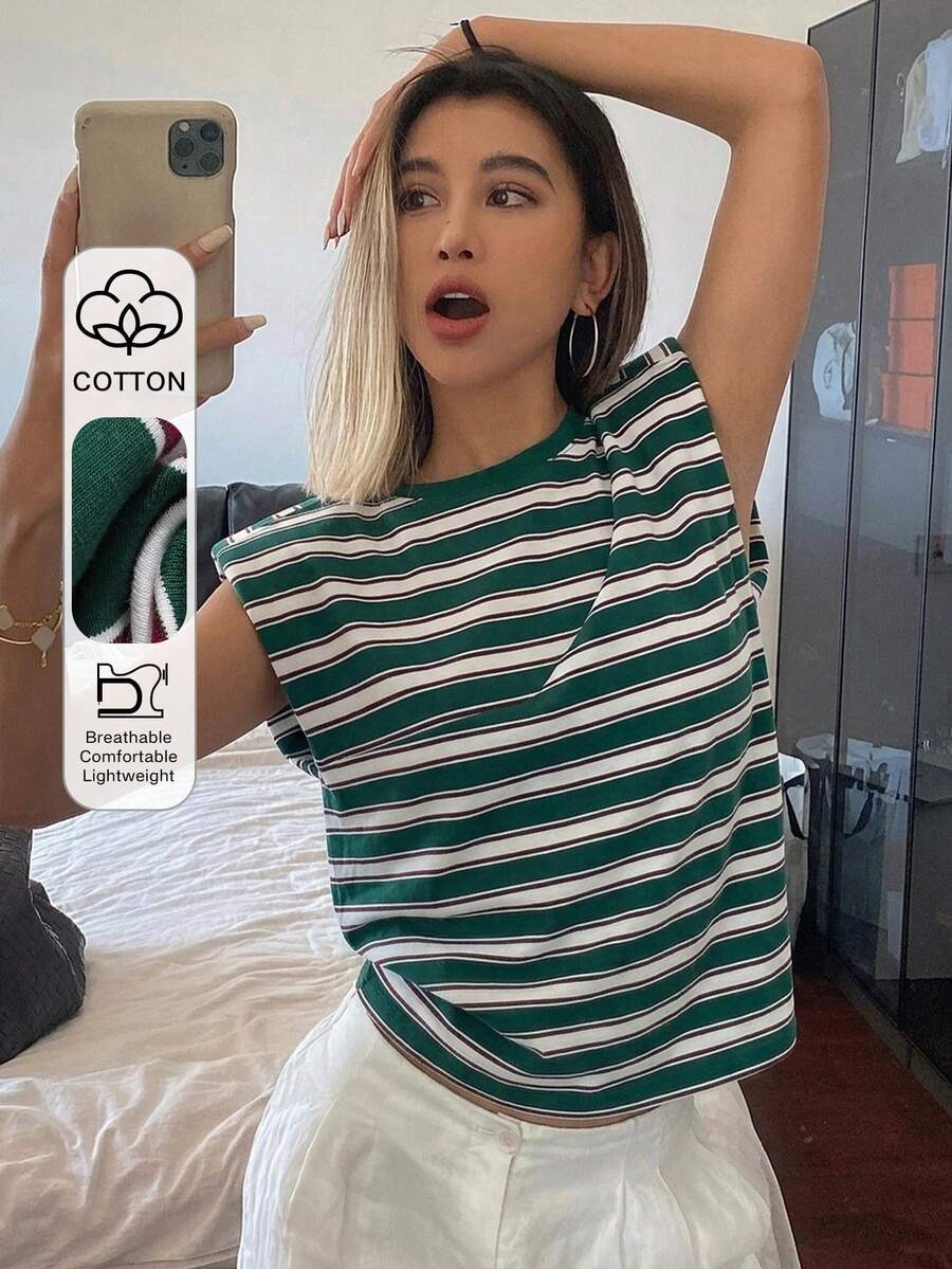 DAZY 条纹圆领无袖垫肩女式T恤图案T恤 女式夏季 - 綠色 - 查看 1