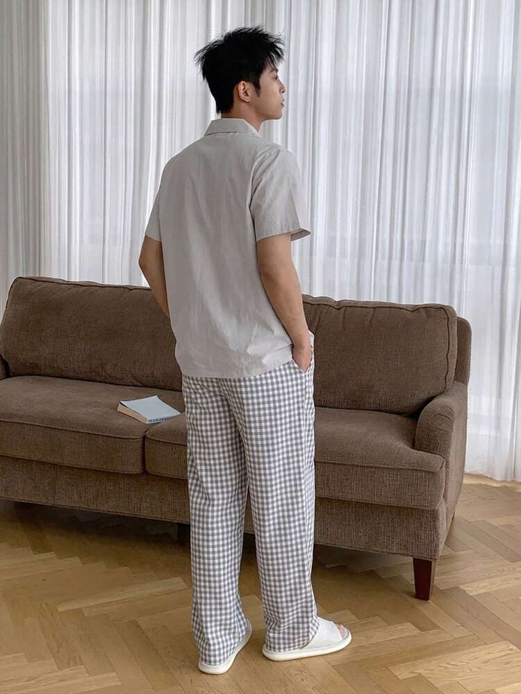 Short Sleeve Shirt Paired With Plaid Pants, Multi-Color Men's Loungewear Set Summer