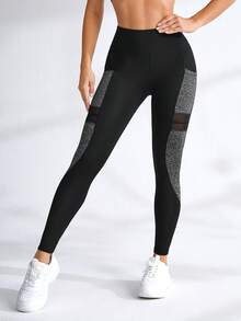Easithlete Colorblock Contrast Mesh Phone Pocket Sports Leggings Yoga Women Pants - Black - View 4
