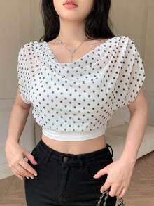 Celisse 女款印花波點抓皺垂領上衣 時尚優雅精緻 度假度假風 百搭復古法式風上衣 - 彩色 - 查看 5