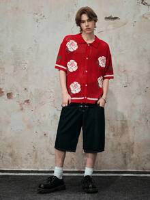 ROMWE MEN Street Life Áo len nam thêu hoa - Màu Hoa hồng đỏ - Xem 6