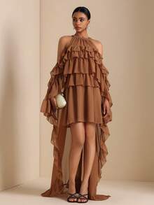 Vesra 女士夏季沙滩度假雪纺多层荷叶边披肩连衣裙 - 棕色 - 查看 5