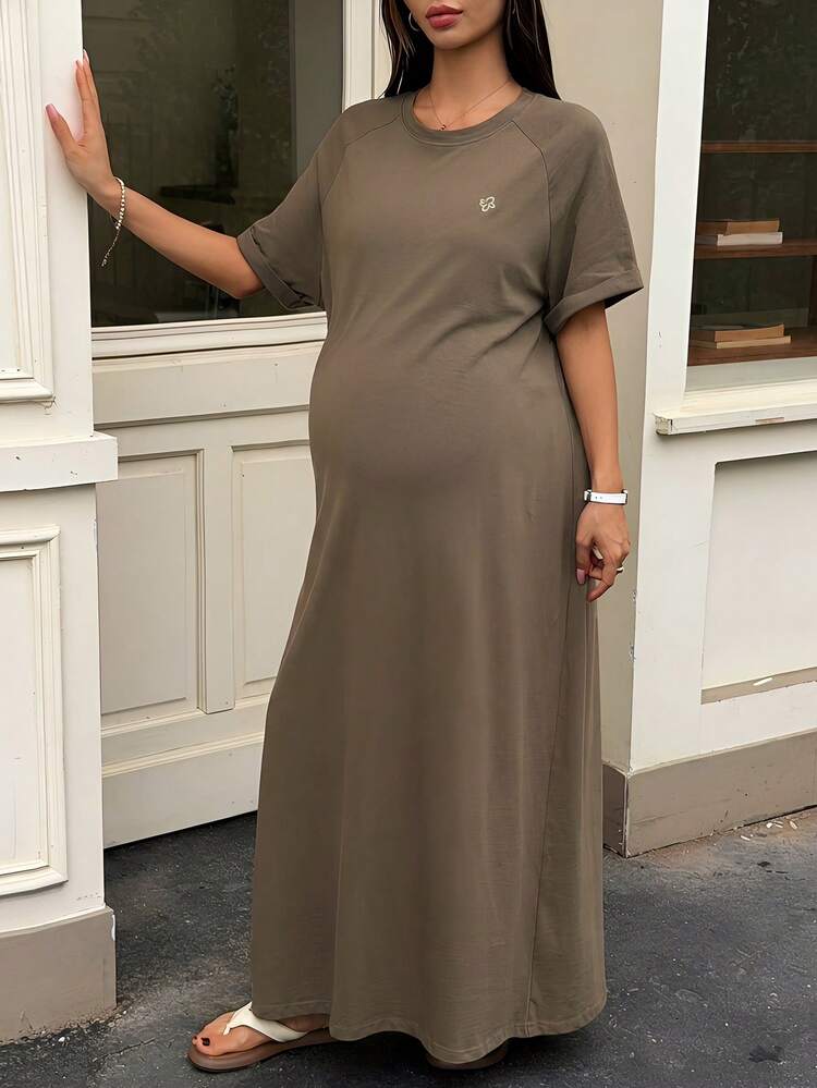 Loose Fit Round Neck Casual Embroidered Pattern Cotton Short Sleeve Dress For Pregnant Women, Spring/Summer