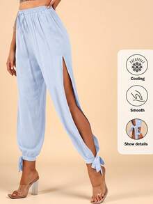 Travachic Split Thigh Knot Hem Solid Pants Spring Summer Clothing - Baby Blue - View 5