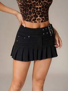 SHEIN PETITE Women's Solid Color Fashionable Summer Pleated Denim Mini Skirt ,Petite Women - Black - View 4