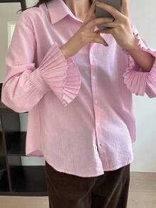 DAZY 女款休閒條紋百褶喇叭袖長袖襯衫，適合秋冬夏季 - 粉色 - 查看 7