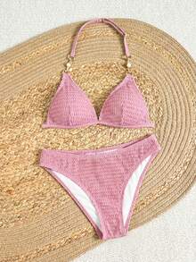 SHEIN Teenager Mädchen Sommer Strand Urlaub einfarbig strukturierter Stoff rückenfrei Neckholder Split Bikini Set - Pink - Übersicht 2
