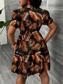 SHEIN Slayr Đầm sơ mi tay phồng eo thắt, in họa tiết cây nhiệt đới, thích hợp cho kỳ nghỉ hè ở bãi biển dành cho nữ. - Nhiều màu - Xem 2