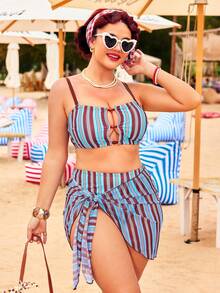 Swim Mod 2026 New Plus Size 3-Piece Swimwear Set For Women, Striped Print Hollow-Out Design With Mesh Skirt Gym Summer - Blue - View 5