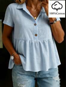 Wandoria Camisa casual de mujer de unicolor, de manga corta, con botones y media cartera - Azul - Ver 6