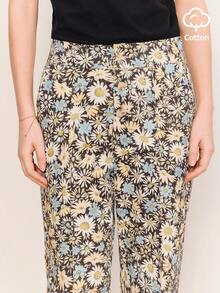 lacRébo Autumn Boho Girlisim Casual Vacation Women's Vintage Floral Print High Waisted Cotton Trouser Pants French Parisian Style Business Brunch Navy Blue - Multicolor - View 6