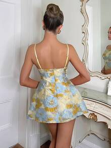 Glamine Charm 女士欧根纱提花金属饰边A字公主吊带裙，短款夏季迷你派对宾客婚礼鸡尾酒会连衣裙，秋季女装返校季 - 藍色 - 查看 2