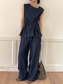 DAZY Women's Casual Denim Vest And Pants Set, Summer - Blue - View 5