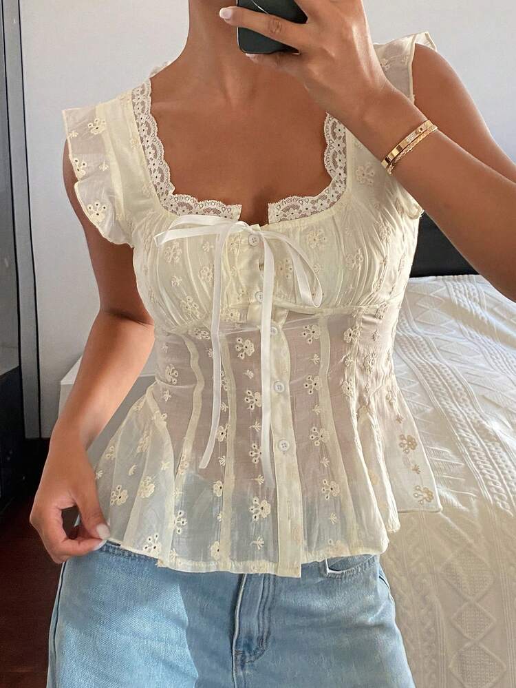 Women's Solid Color Contrast Lace Ruffle Hem Casual Vacation Blouse Shirt