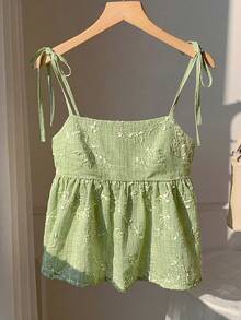 SHEIN Comfortcana Áo hai dây màu trắng chấm bi dệt kim dành cho nữ - màu xanh lá - Xem 4