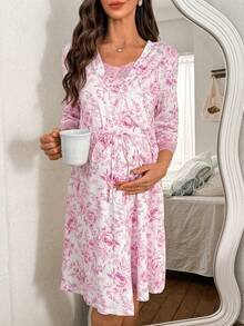Moonlight&Mama Floral Print Lace Trim Maternity Robe & Slip Dress, Suitable For Moms To Wear Year-Round - Multicolor - View 8