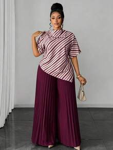 Maweii Bộ 2 món gồm áo sơ mi in kỹ thuật số vạt lệch và quần ống rộng xếp ly cạp chun, thích hợp cho nữ vào mùa xuân, hè, thu, đông, Halloween, Lễ Tạ ơn, Giáng sinh, thời trang thanh lịch đi làm, hẹn hò. - Màu Đỏ Sâu - Xem 1