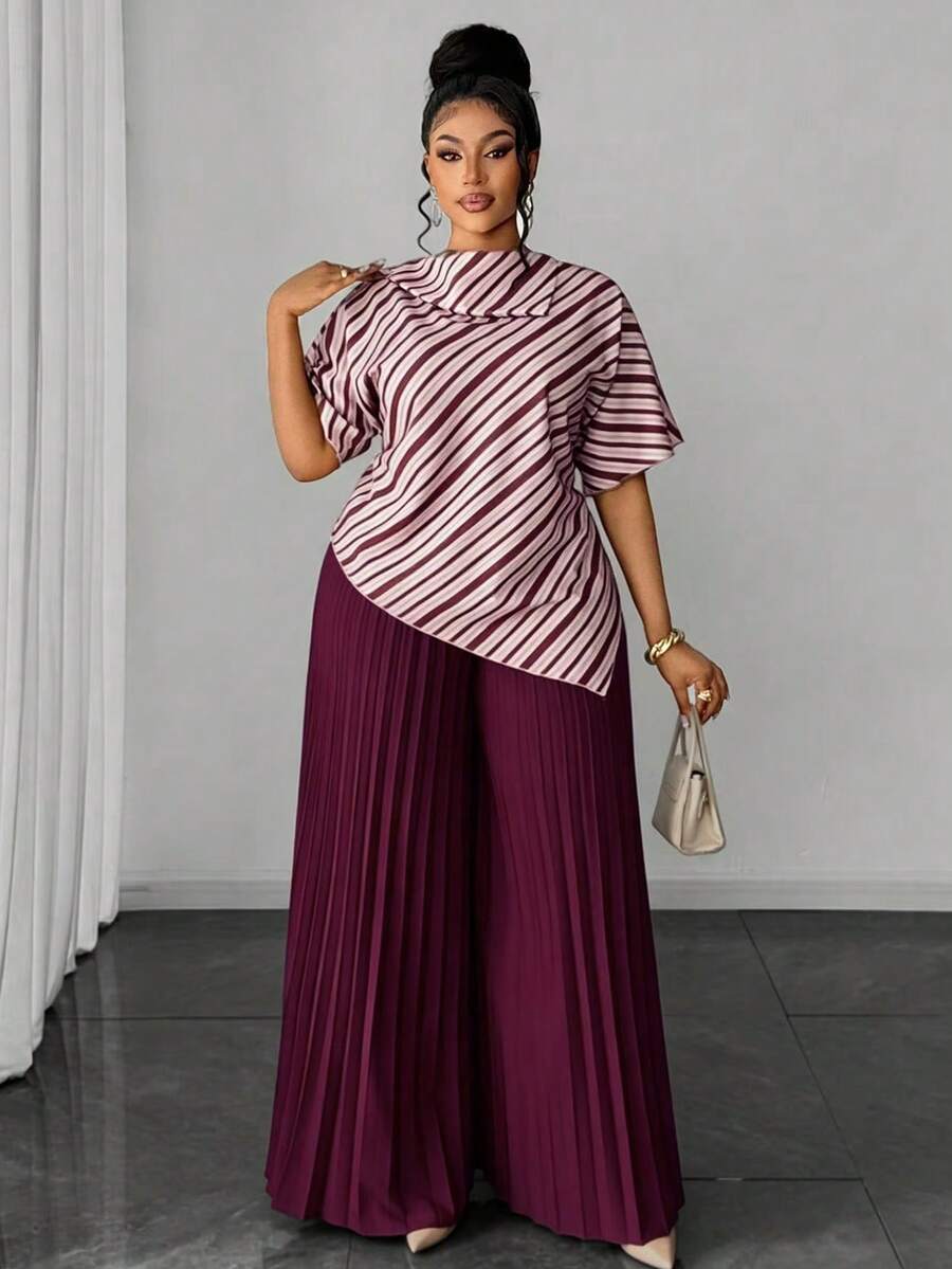 Maweii Bộ 2 món gồm áo sơ mi in kỹ thuật số vạt lệch và quần ống rộng xếp ly cạp chun, thích hợp cho nữ vào mùa xuân, hè, thu, đông, Halloween, Lễ Tạ ơn, Giáng sinh, thời trang thanh lịch đi làm, hẹn hò. - Màu Đỏ Sâu - Xem 1