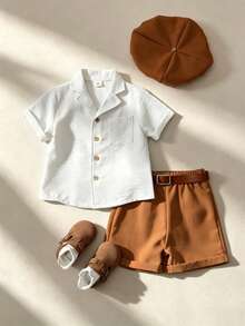 SHEIN 3pcs/Set Boys Outfit, Includes Short Sleeve Polo Shirt, Regular Shorts, And Hat, Suitable For Birthday, Wedding, Graduation Ceremony, Formal Or Casual Occasions, Autumn/Winter - Multicolor - View 4