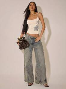 SHEIN BAE 2026 女款亮片刺繡細肩帶上衣背心，夏季 Y2K 上衣，派對、音樂節、米色、夏季、2000年代、約會之夜上衣 - 杏色 - 查看 7