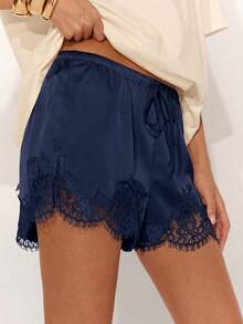 SHEIN BAE Women's Solid Color Minimalist Lace Patchwork Shorts, Casual Daily Wear - Navy Blue - View 6