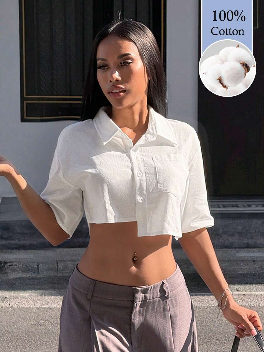 Slaydiva 不对称短款白衬衫，夏季时尚 - 白色 - 查看 1