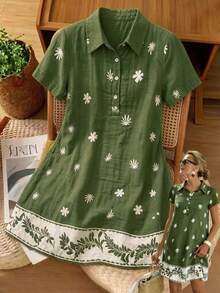 EMERY ROSE Women's Floral Print Short Sleeve Casual Comfortable Shirt Dress - Green - View 3