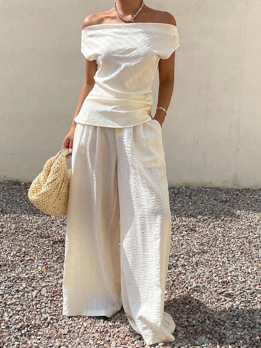 Livesso White Asymmetrical Shoulder Crop Top And Casual Pants 2 Pieces Set For Women, Summer - White - View 1