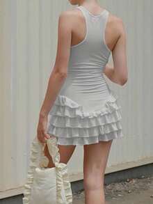 INAWLY Women's Ballet Style Sexy Criss-Cross Back Pleated Cake Dress Golf White Summer - Grey - View 2