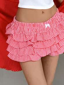 Quần short nữ mùa hè kiểu dáng thường ngày, họa tiết in, viền bèo nhún. - Đỏ - Xem 8