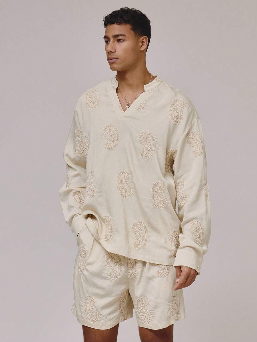Musero Relaxed Fit Stand Collar Long Sleeve V Neck All Over Patterning Detailings Shirt Spring Summer Holiday Essentials - Apricot - View 1