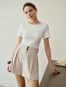 MOTF PREMIUM WOMEN'S SUMMER SOLID COLOR HIGH WAIST PLEATED LOOSE SHORTS - Khaki - View 1
