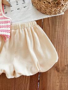 SHEIN LMoss Kids Babygirl Cute Summer Striped Polo Collar Tank Top And Elastic Waist Ruffle Shorts Set - Baby Pink - View 5
