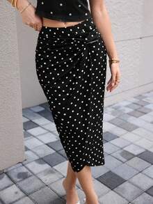 Modelyn Black Satin Polka Dot Twist Ruched Elegant Vacation French Style Skirt For Women - Black and White - View 3