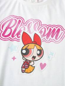 THE POWERPUFF GIRLS X SHEIN 两件套少女夏季套装，休闲卡通字母印花圆领T恤上衣和双层半裙 - 彩色 - 查看 4