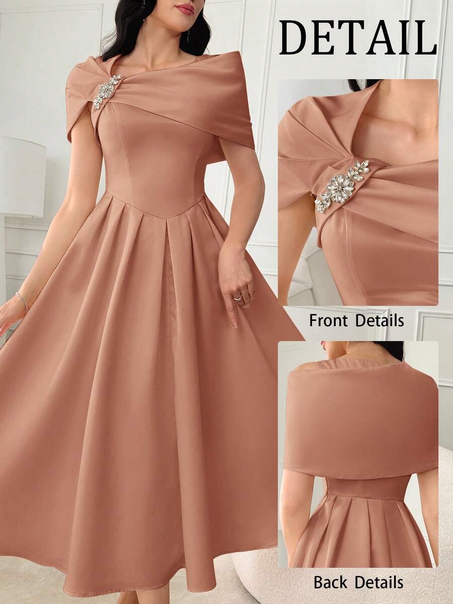 Modelyn Women's Solid Color Rhinestone Flower Decor Elegant Dress