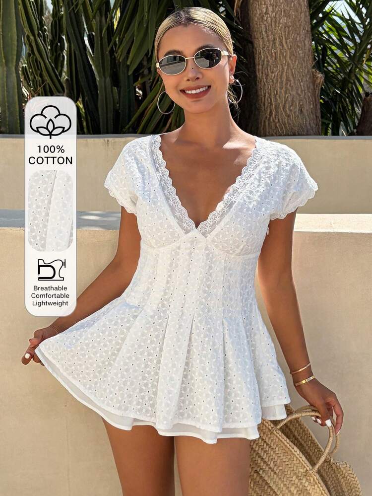 Women's Solid Color Textured Jacquard Gathered V-Neck Ruffle Hem Elegant Summer Blouse