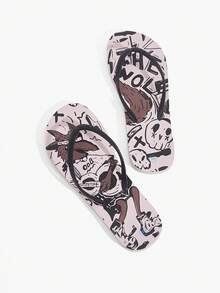 Grefit 女士夏季防滑编织带露趾平底拖鞋，2厘米深色涂鸦骷髅元素橡胶粉色黑色撞色设计，适合街头/夏季、音乐节/主题派对等场合 - 粉黑撞色 - 查看 1