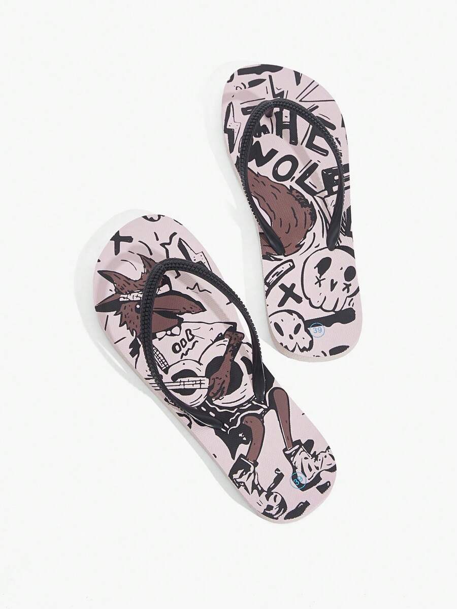 Grefit 女士夏季防滑编织带露趾平底拖鞋，2厘米深色涂鸦骷髅元素橡胶粉色黑色撞色设计，适合街头/夏季、音乐节/主题派对等场合 - 粉黑撞色 - 查看 1