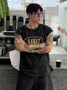 DAZY Camiseta de tirantes negra con estampado de letras para hombre, verano - Negro - Ver 9