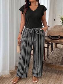 SHEIN Frenchy 2pcs Plus Size Women's Bohemian Black Solid Top And Black & White Striped Pattern Pants Set, Fashionable New Style, Suitable For Spring/Summer Outdoor Wear - Black - View 4