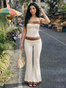 Sweetina Bộ 2 món gồm áo hai dây ren và quần ống loe, trang phục thường ngày dành cho tuổi teen. - Màu be - Xem 6