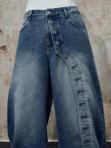 ROMWE MEN Street Life 男士结构化弧形刀刃直筒蓝色牛仔裤 - 藍色 - 查看 2