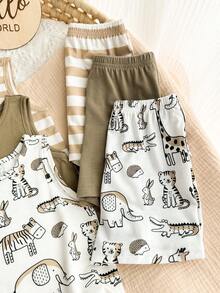 SHEIN Bộ 6 món áo vest và quần short kẻ sọc hình động vật hoạt hình cho bé trai, dễ thương và thoải mái. - Nhiều màu - Xem 6