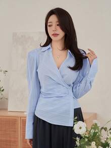 DAZY Women's Casual Striped Asymmetric Blouse For Spring Summer - Blue - View 5