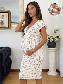 Slowluna 碎花深V领短袖哺乳连衣裙 - 白色 - 查看 5