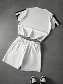 PAVTROS 男士夏季T恤套装，拼接运动街头风宽松短袖短裤套装 - 彩色 - 查看 2