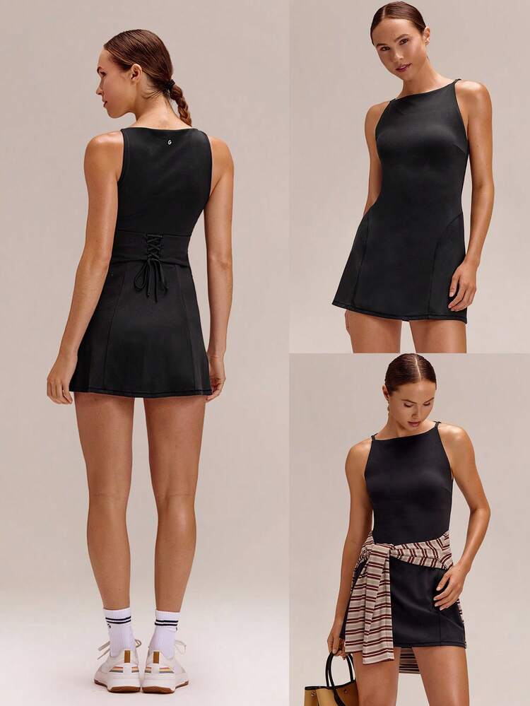 Sporty Knit Sunshine Ready Removable Cups Pockets Back Drawstring Waist Boatneck Strapless Tennis Dress With Anti-Slip Built-In Shorts Tennis Golf Pickleball Daily Casual Wear